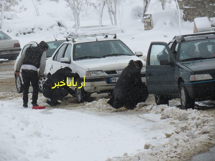 بارش برف در محور بانه - سقز رانندگان رامجبور به بستن زنجير چرخ كرد/ تصويري